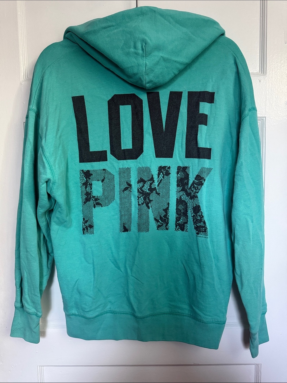 Vintage Y2K LOVE PINK Teal Pullover Hoodie with Black Back Print Size XS
